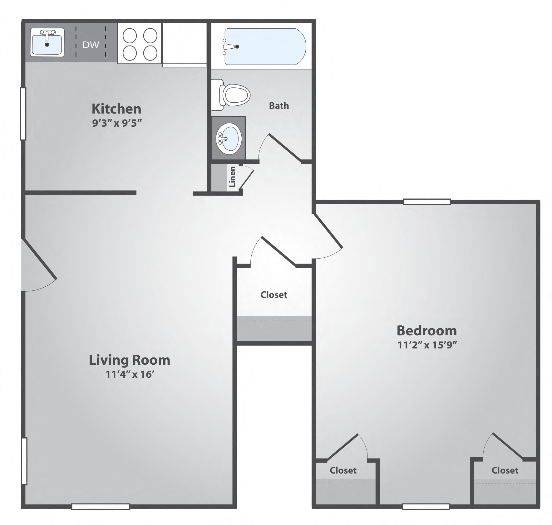 Floor plan for 1 bed, 1 bath, 530 sqft